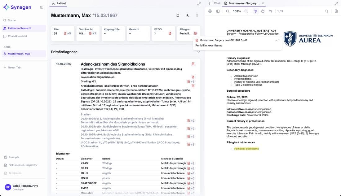 Synagen Co-Pilot: structured patient chart with source-linked entries